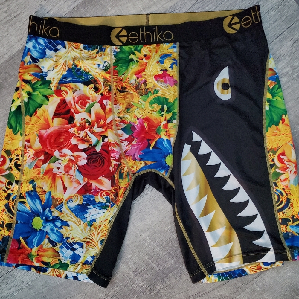ethika Men's Boxer Briefs - Multicolor Floral with Black & Gold Shark Print